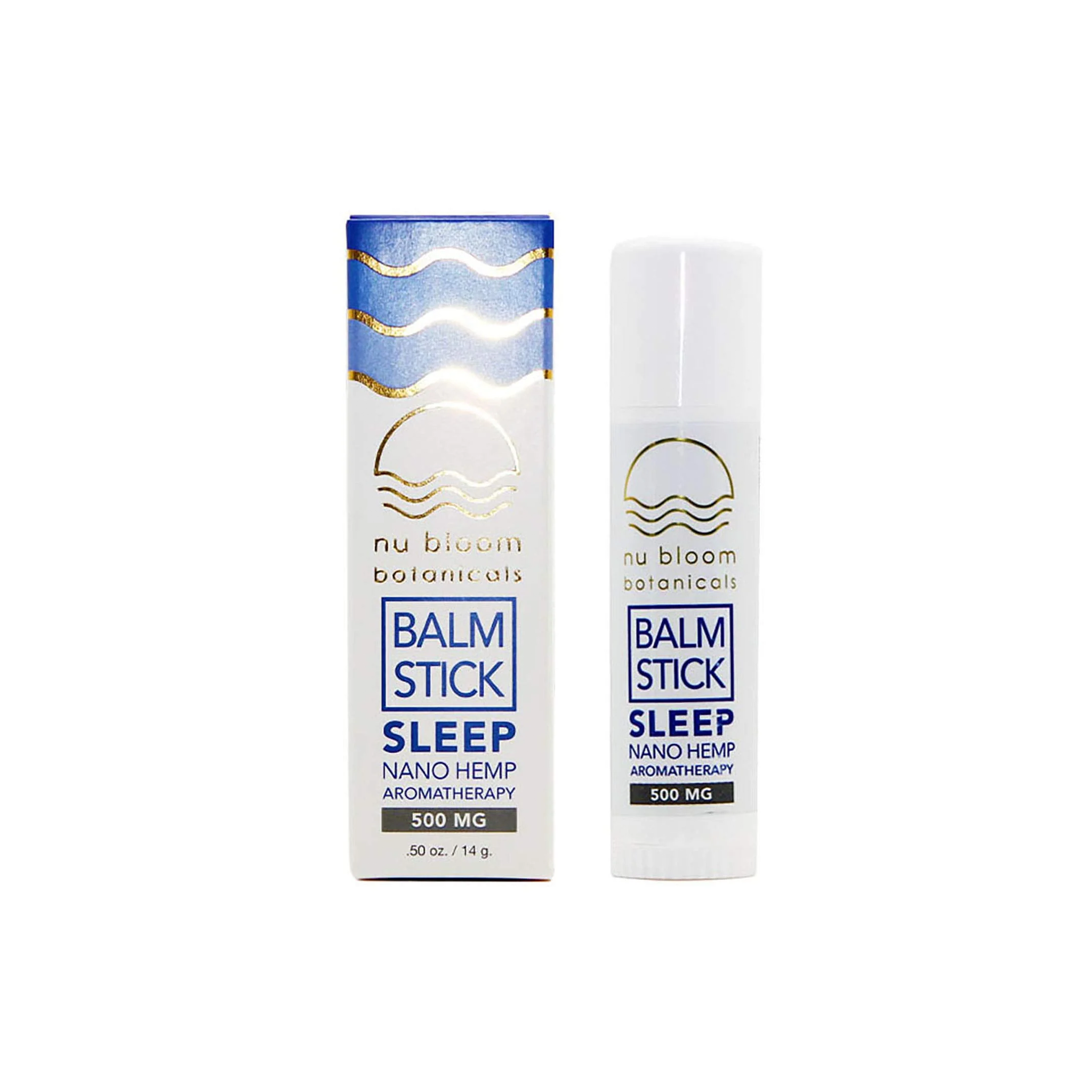 Two balm sticks with packaging labeled 'nu bloom botanics' on a white background