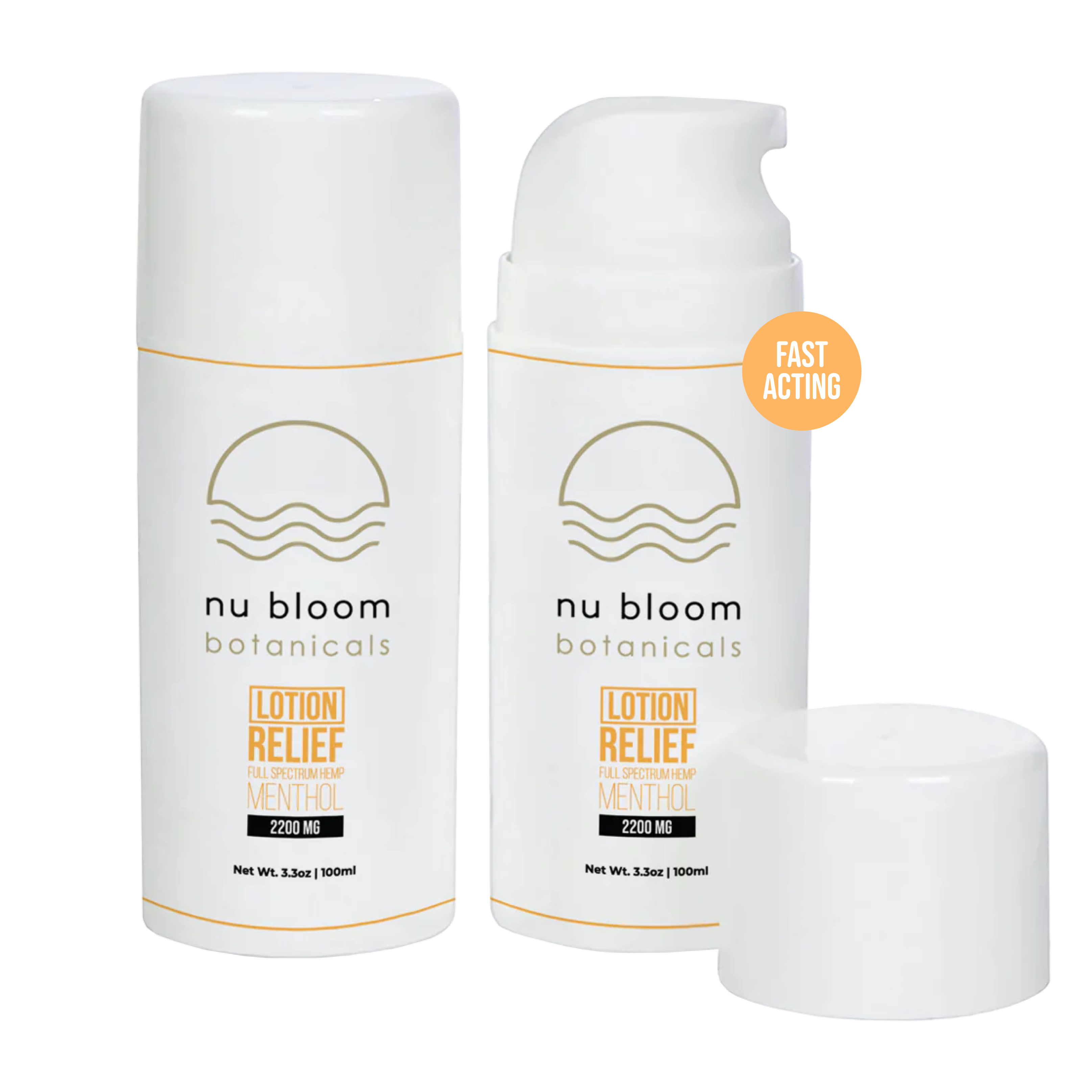 Two bottles of nu bloom botanicals lotion relief on a white background