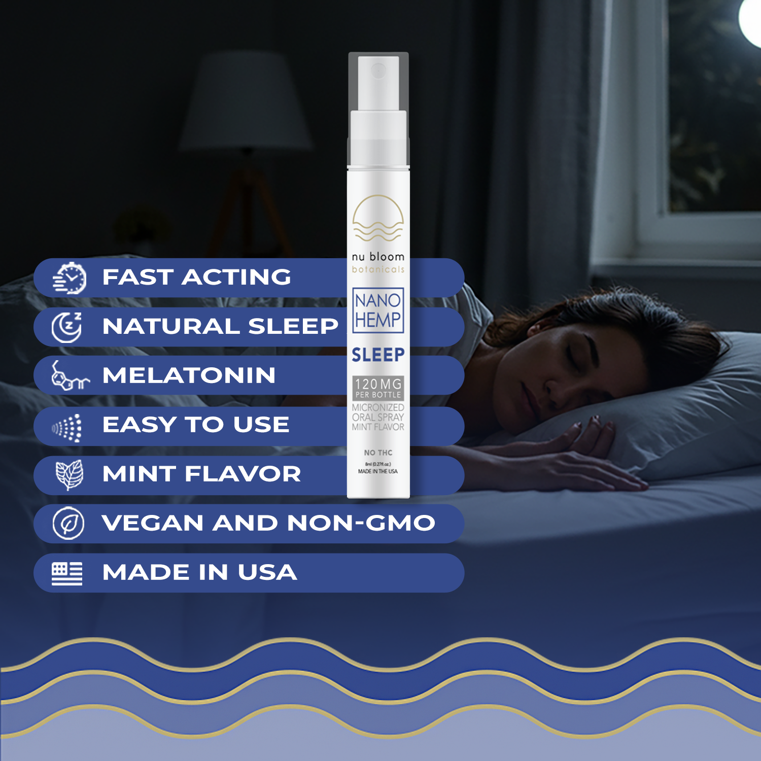 Sleep aid product with features listed on a dark background