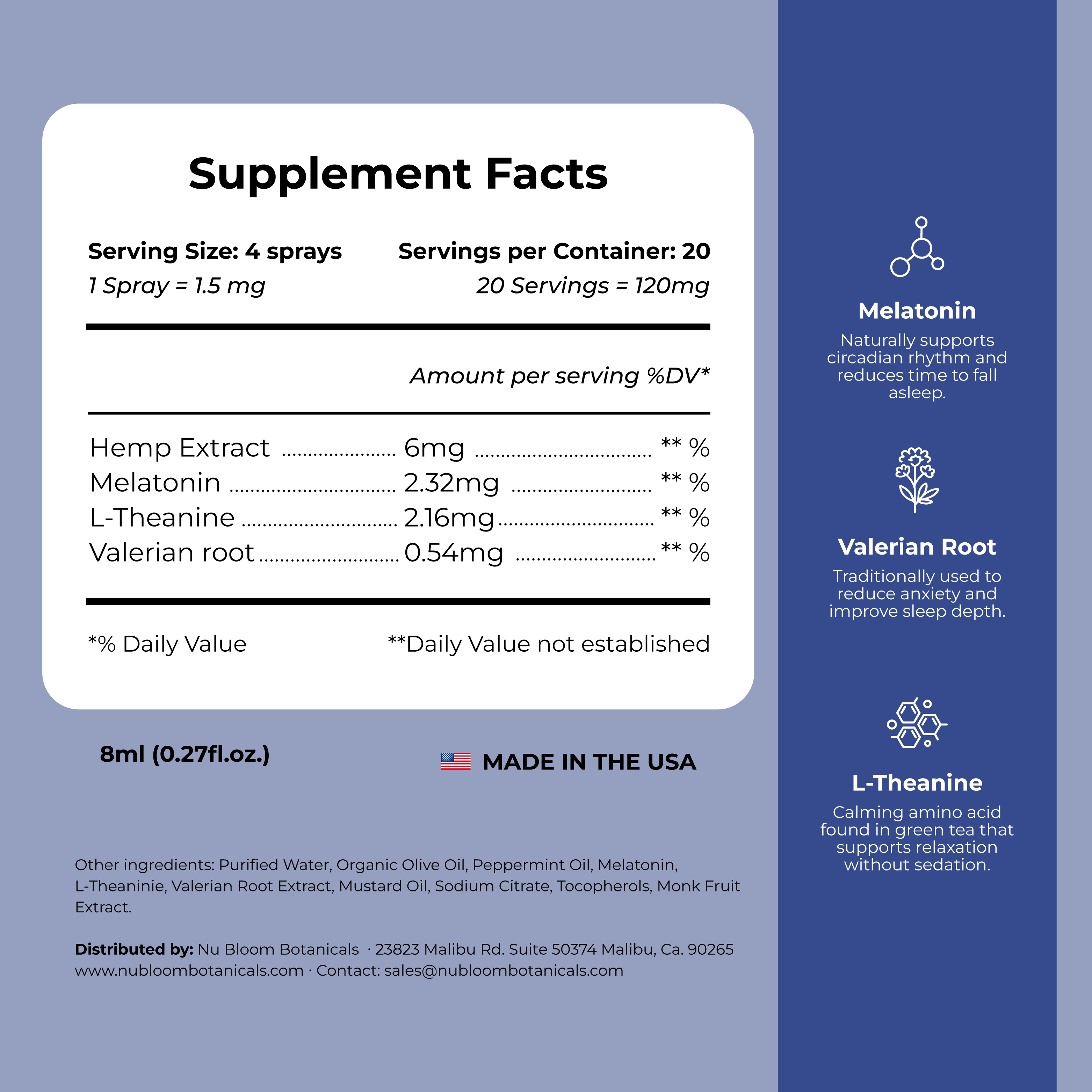 Supplement facts label with ingredients and benefits on a blue background