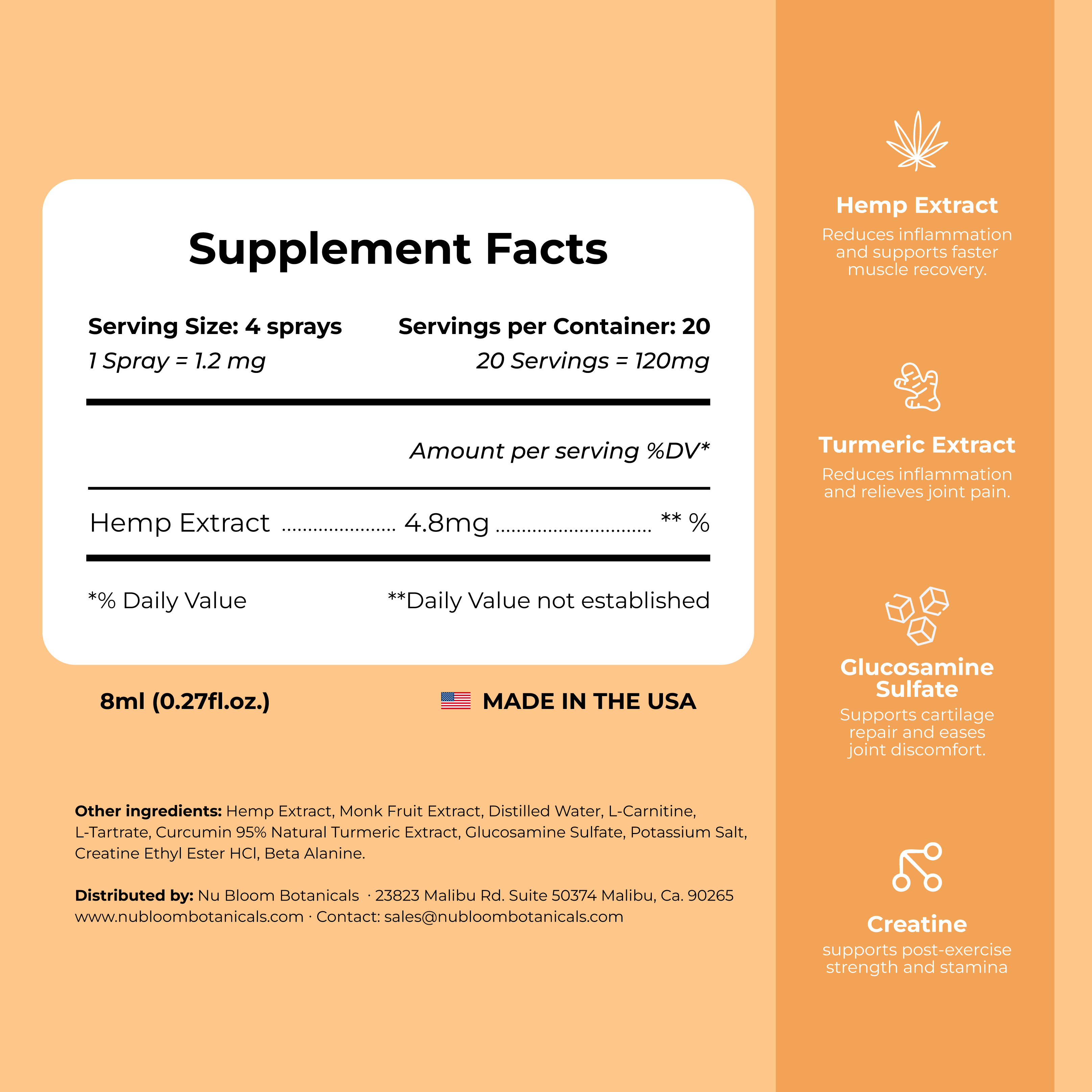 Supplement facts label with product details on an orange background