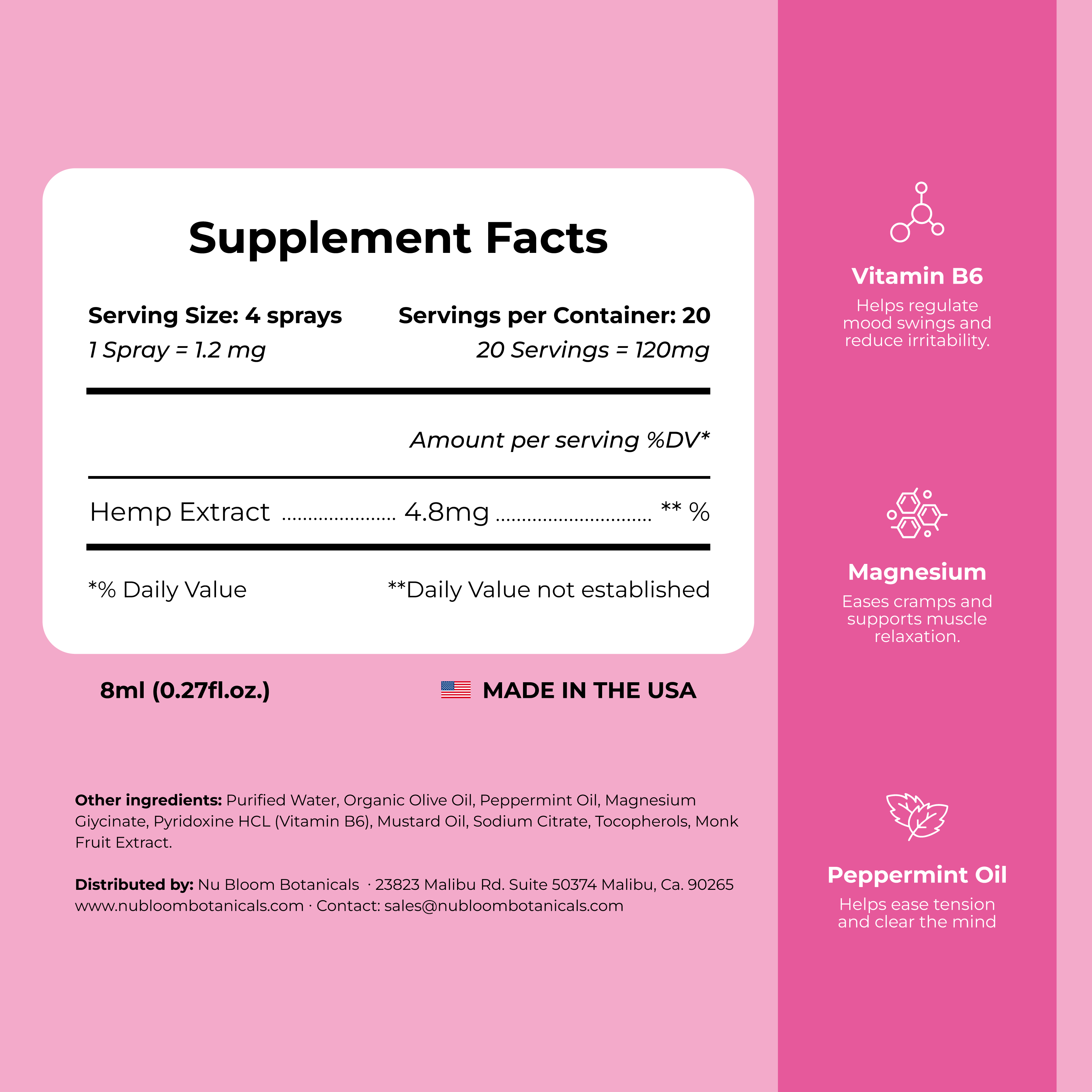Supplement facts label with ingredients on a pink background