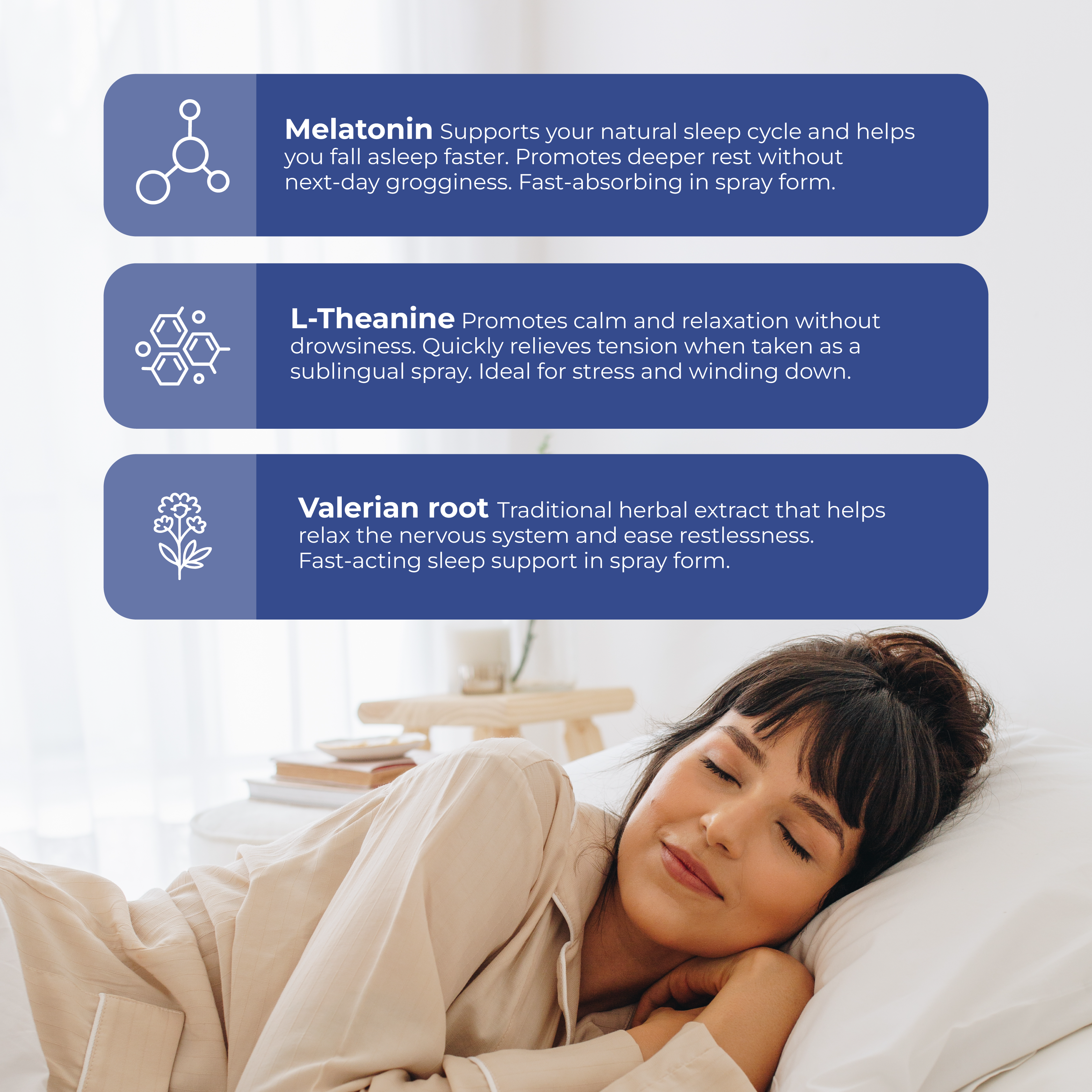 Woman lying in bed with text about melatonin, L-theanine, and valerian root on a white background