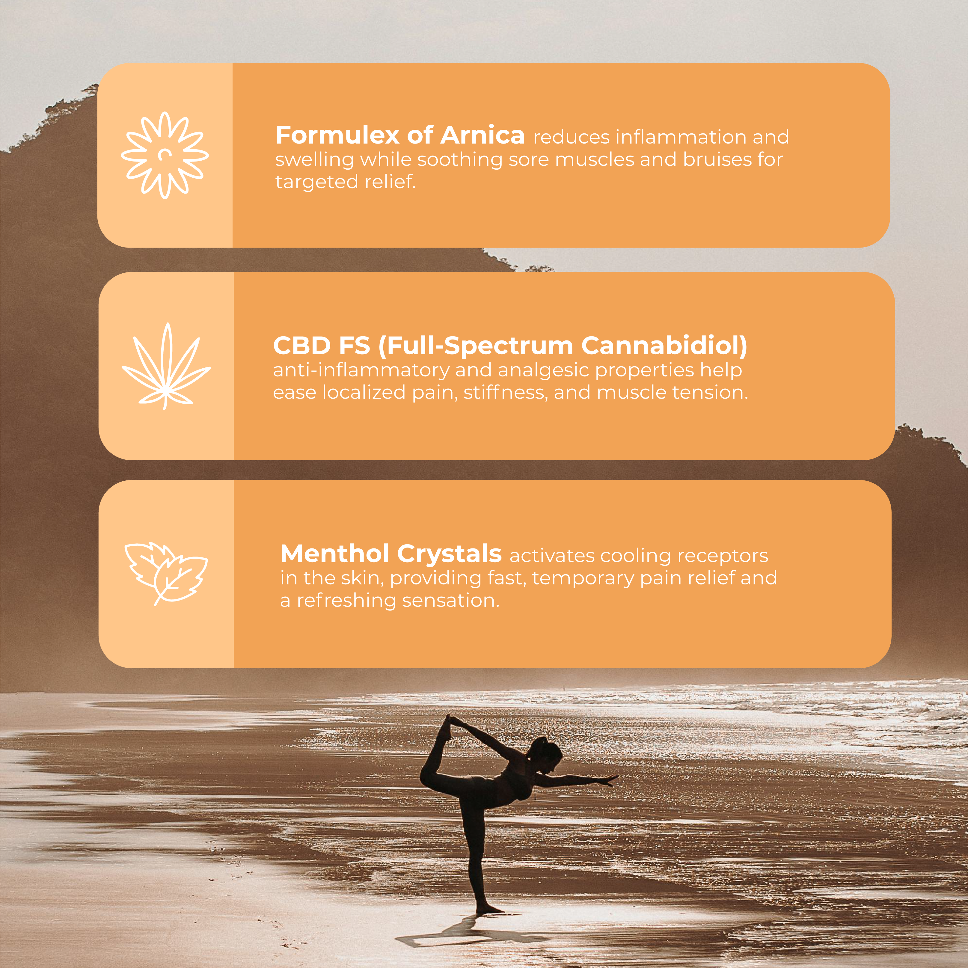 Person practicing yoga on a beach with product information text overlay