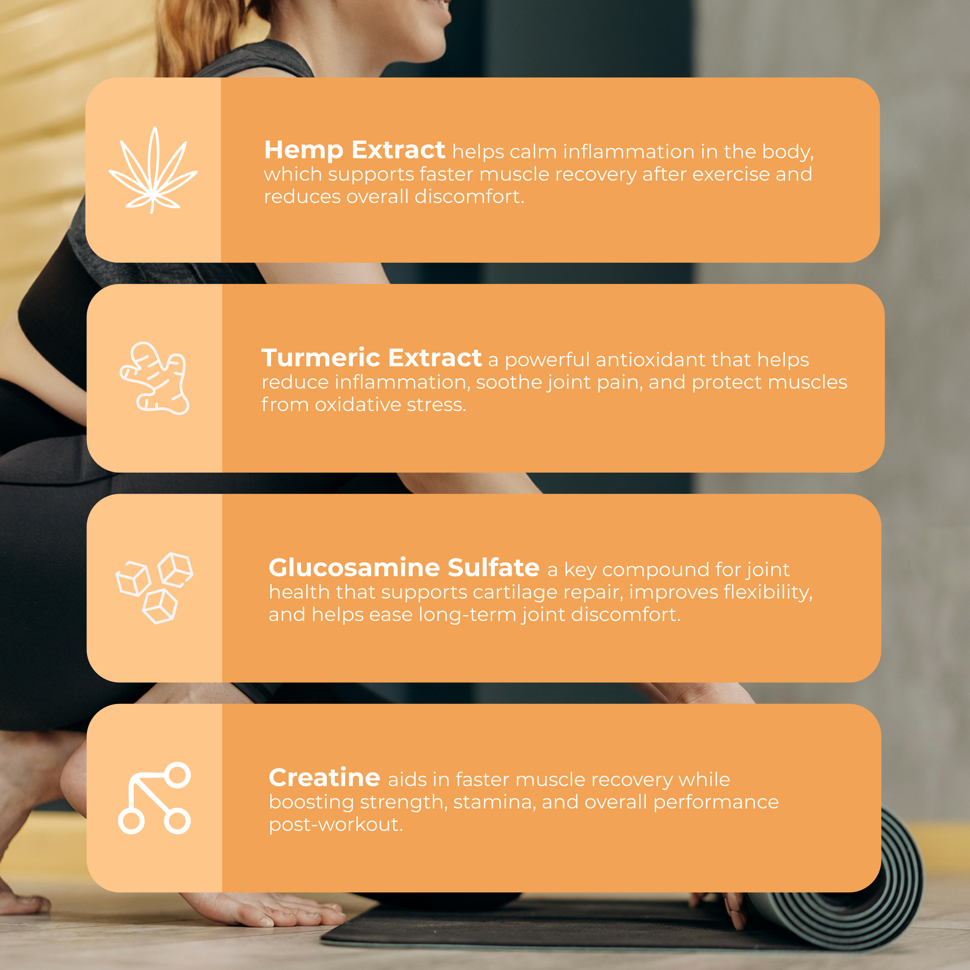 Person stretching with text about hemp extract, turmeric extract, glucosamine sulfate, and creatine on orange panels.