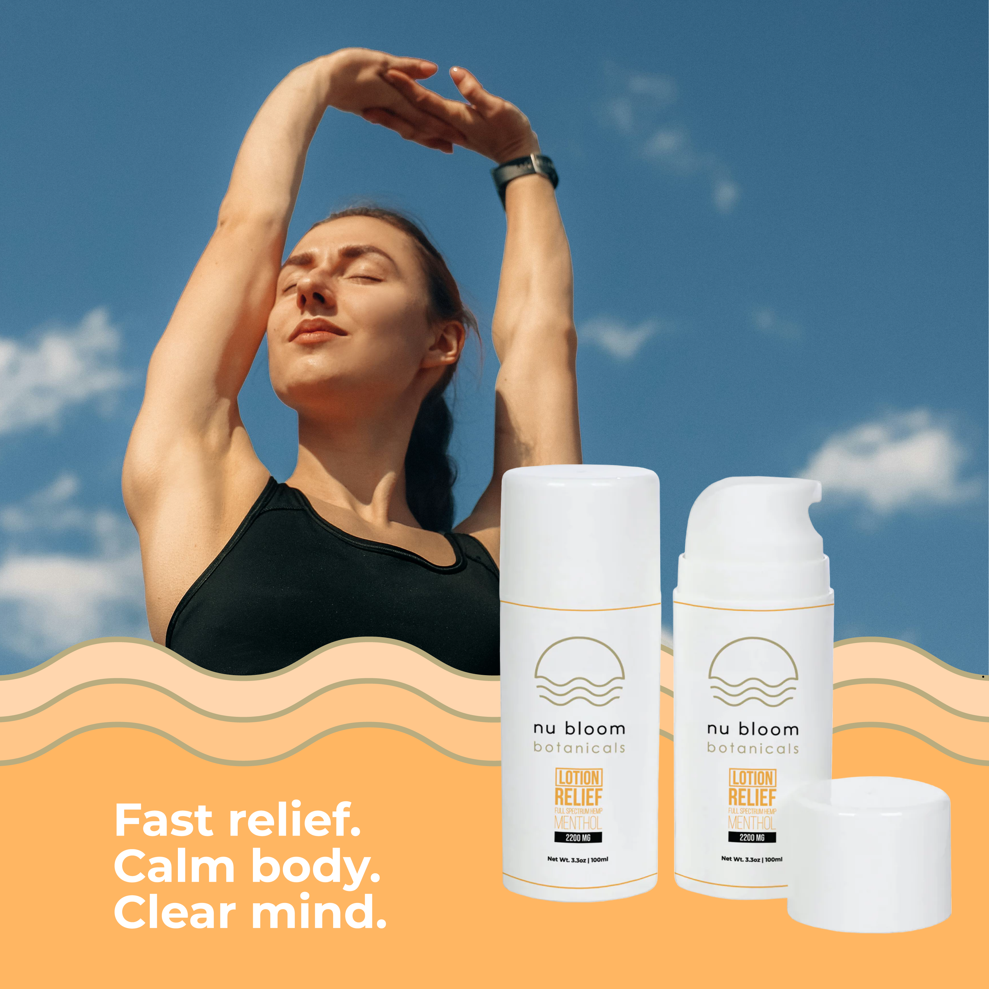 Woman stretching outdoors with nu bloom botanicals lotion bottles displayed.