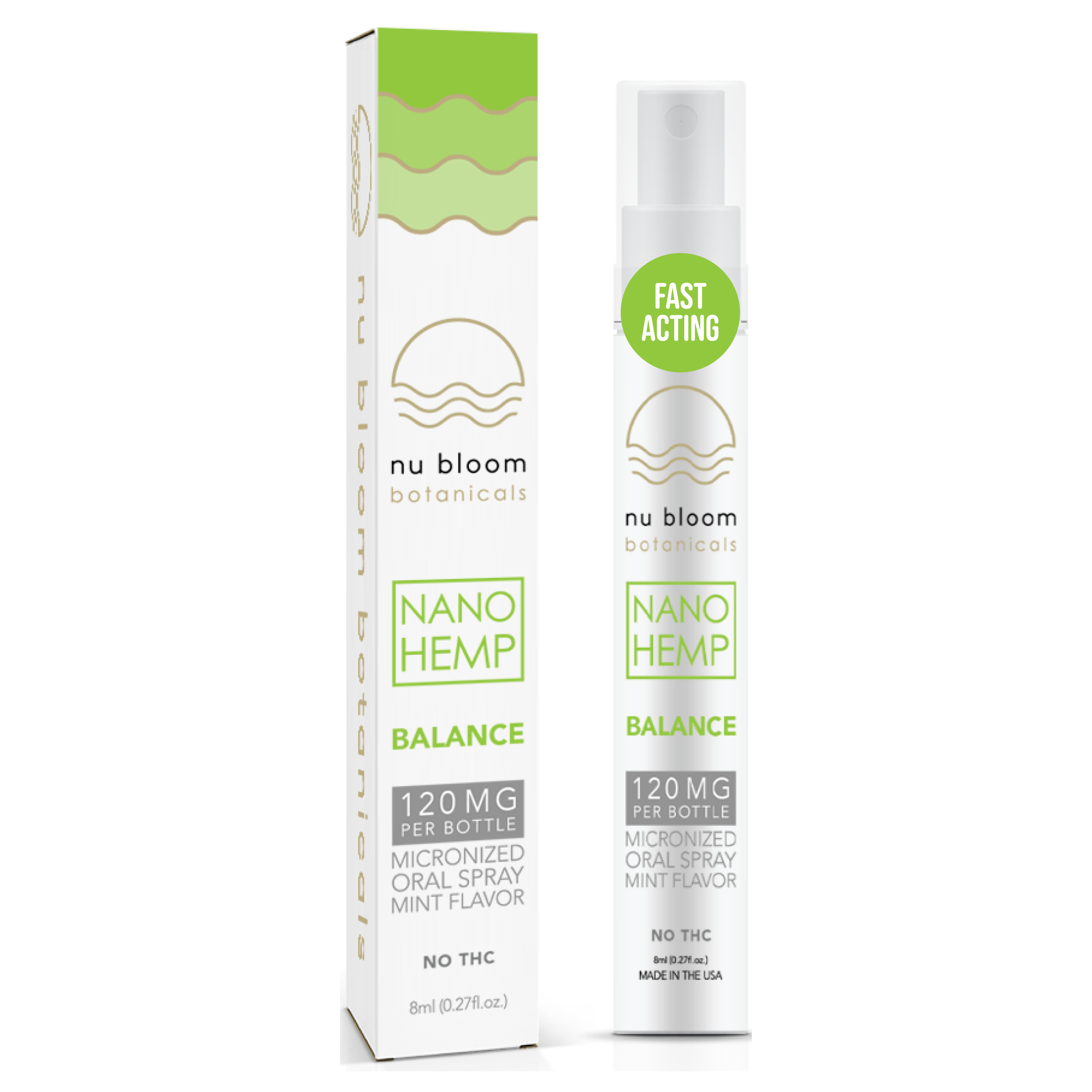 nu bloom botanicals Nano Hemp Balance product packaging on a white background
