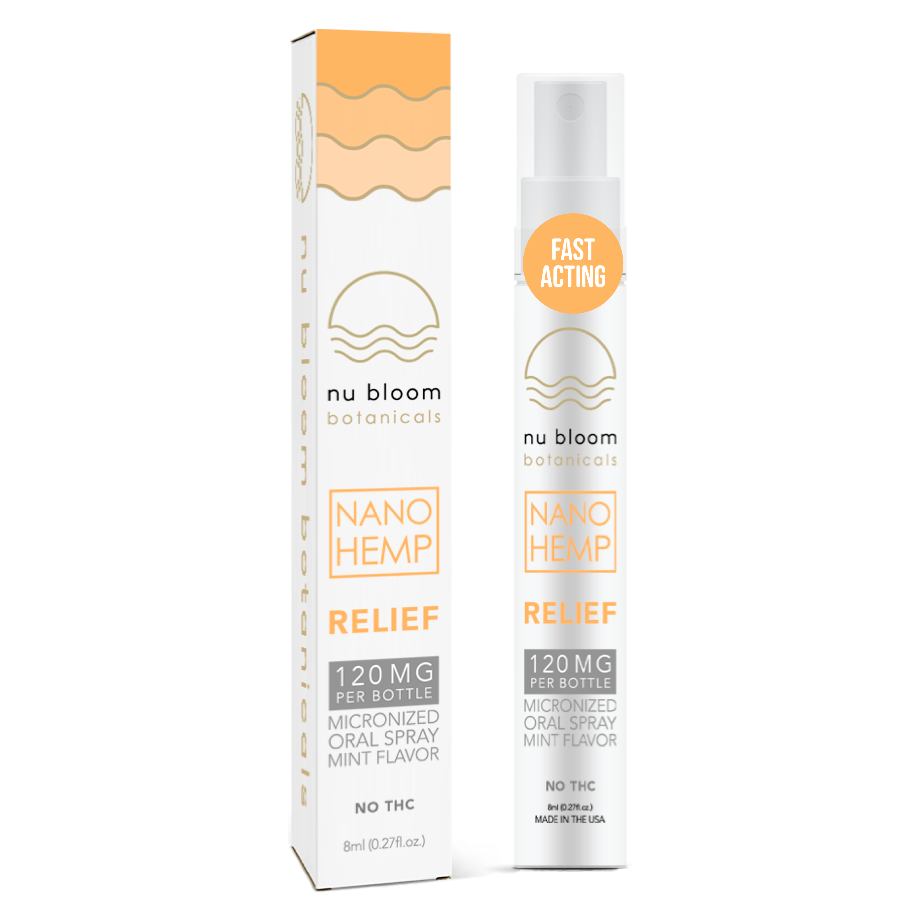 nu bloom botanics Nano Hemp Relief spray and packaging on a white background