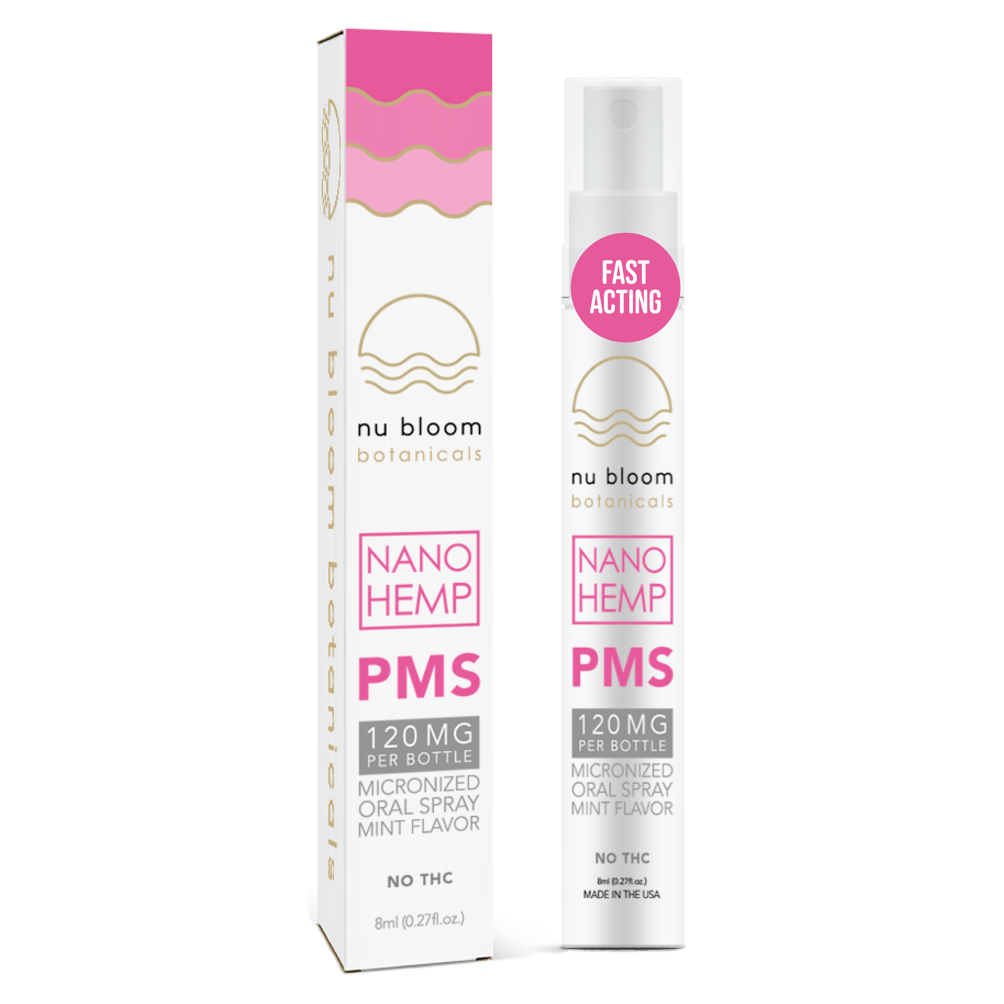 nu bloom botanics Nano Hemp PMS product packaging on a white background