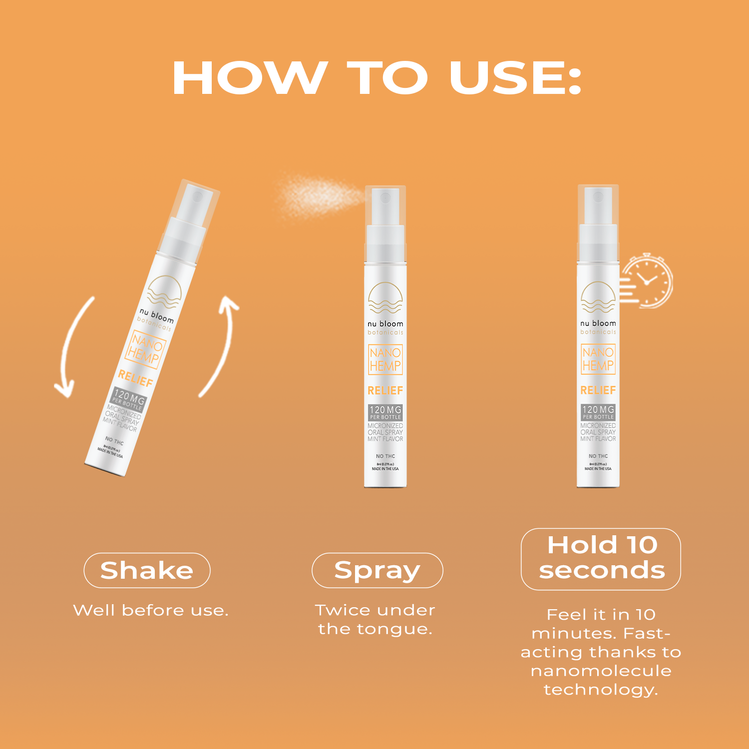 Instructions on how to use a spray product with an orange gradient background