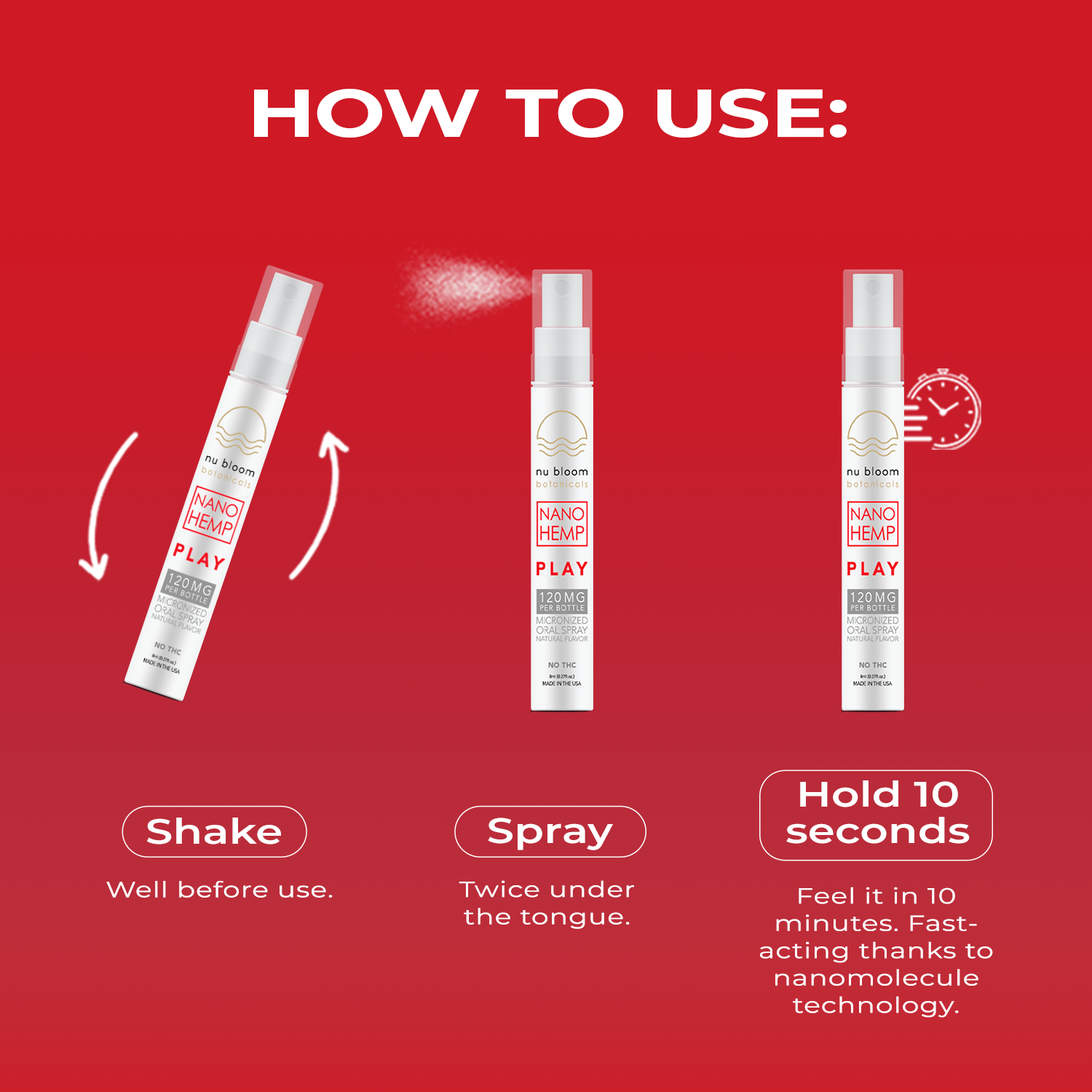 Instructions on how to use a spray product with images and text on a red background