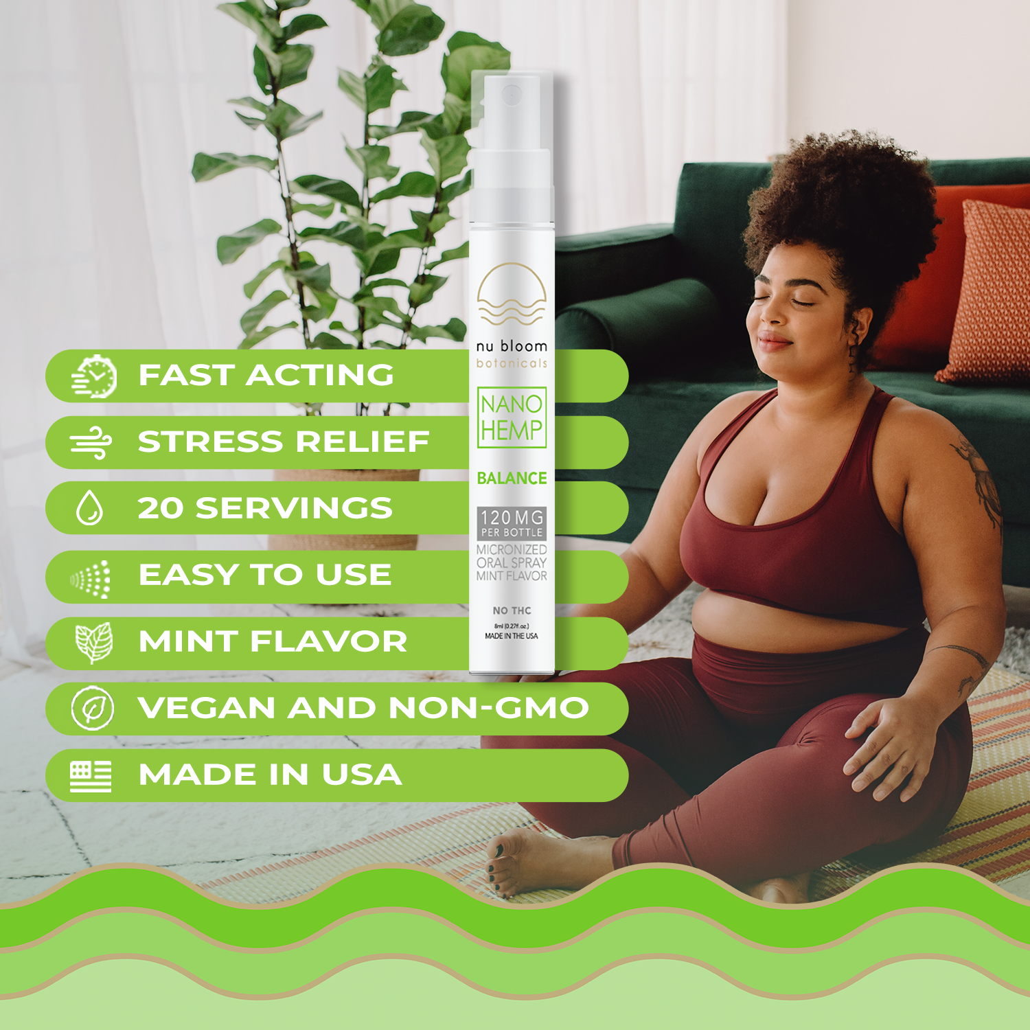 Woman meditating with a bottle of nu bloom Nano Hemp Balance product in a home setting.