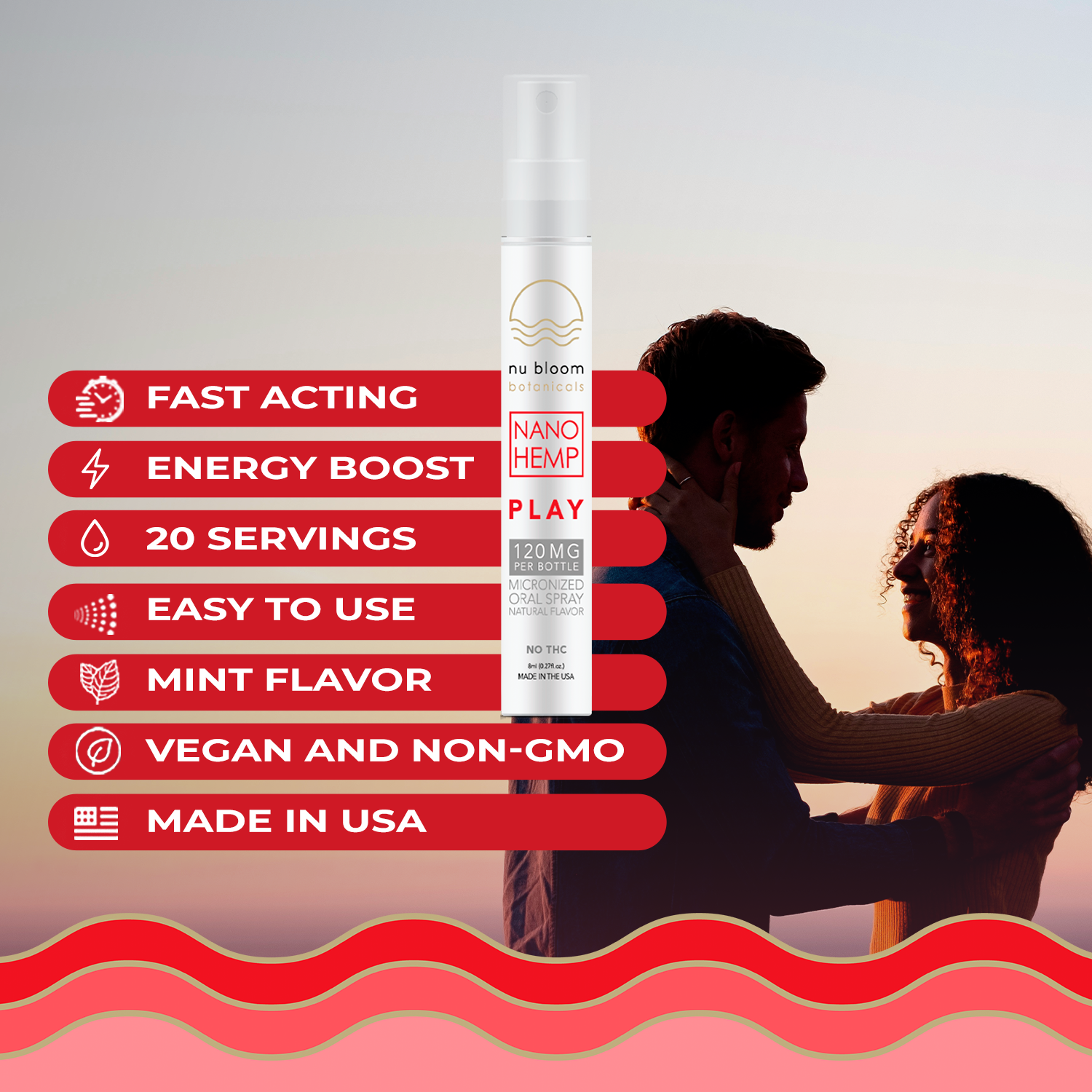 Product packaging with features listed and a couple in the background