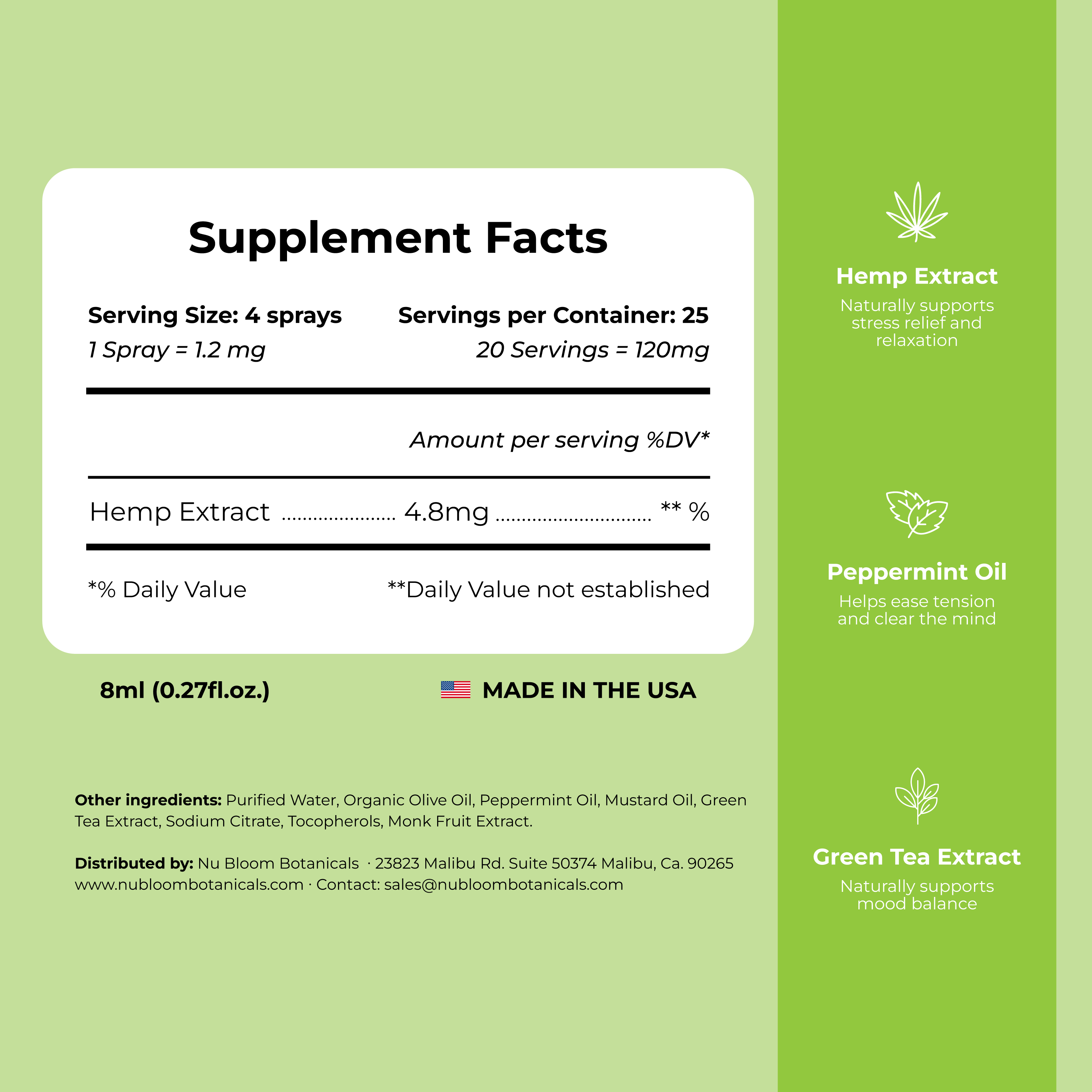 Supplement facts label with hemp extract, peppermint oil, and green tea extract on a green background