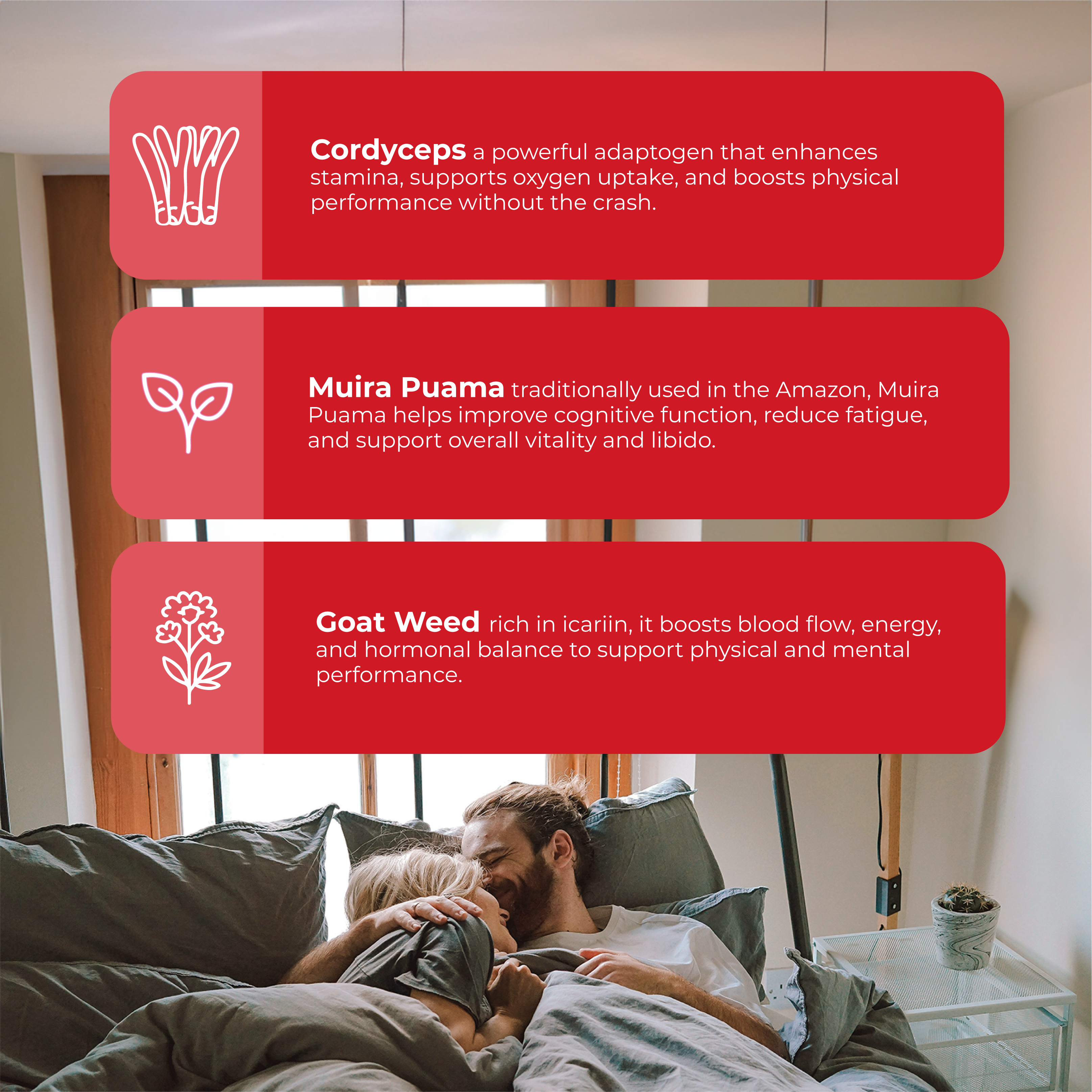 Couple in bed with wellness product features displayed on a red background