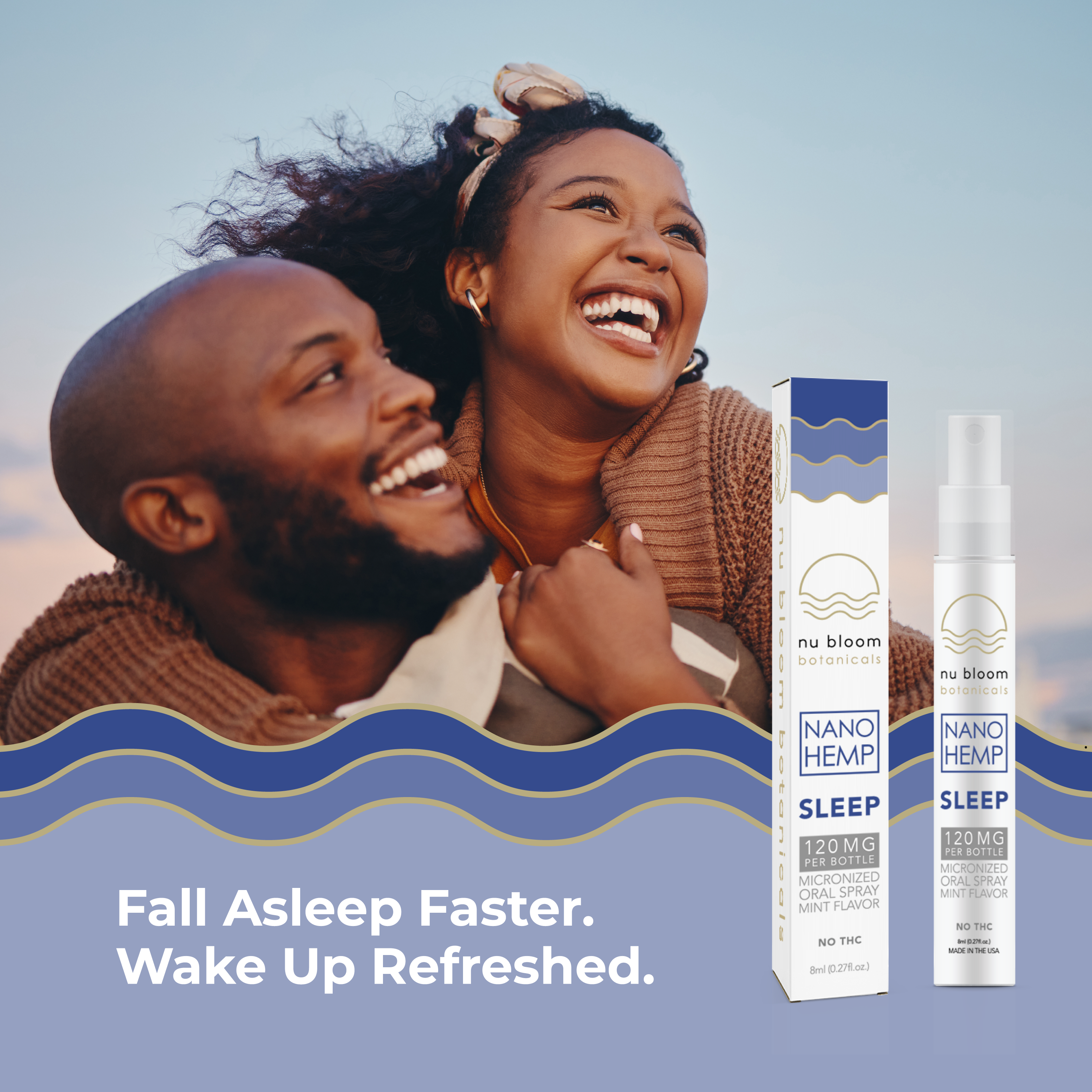 Couple laughing outdoors with nu bloom nano hemp sleep product packaging in the foreground.