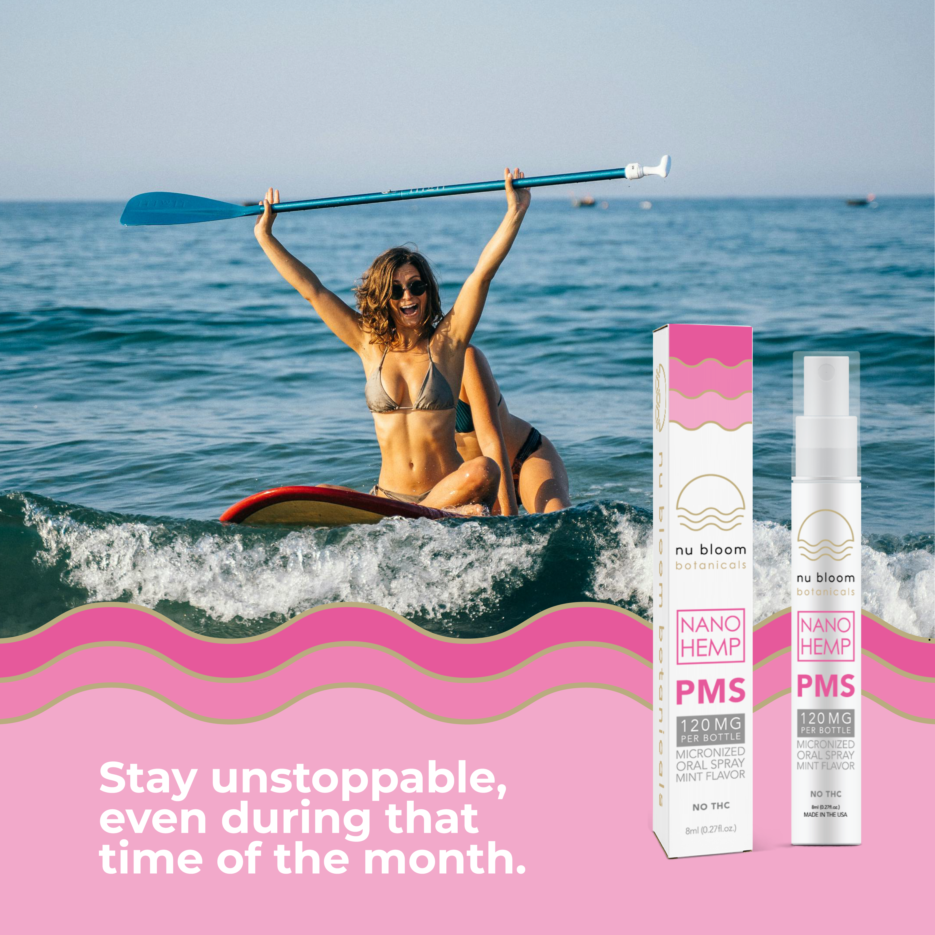 Woman paddleboarding with nu bloom Nano Hemp PMS products in the foreground.