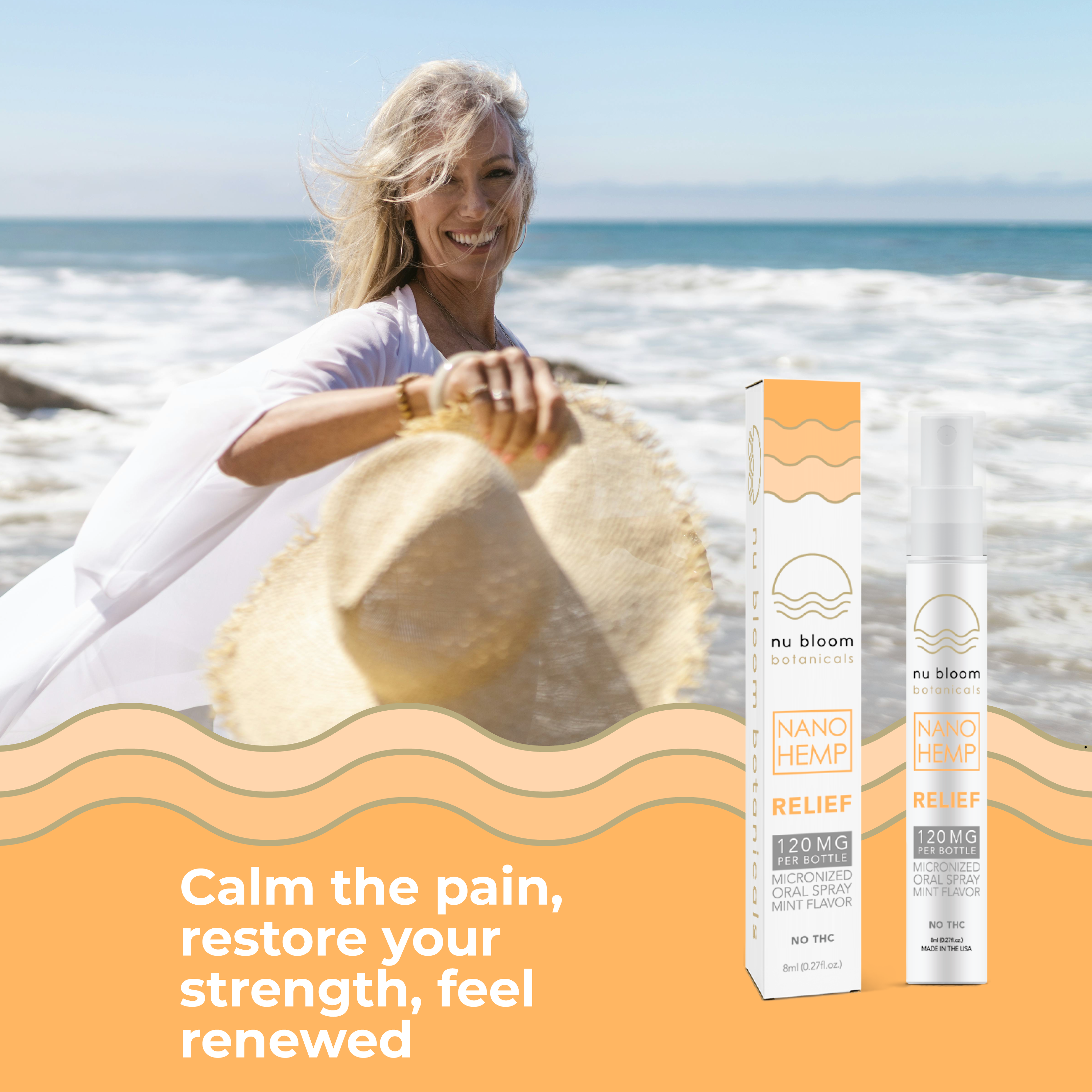 Woman on a beach holding a hat with nu bloom products in the foreground