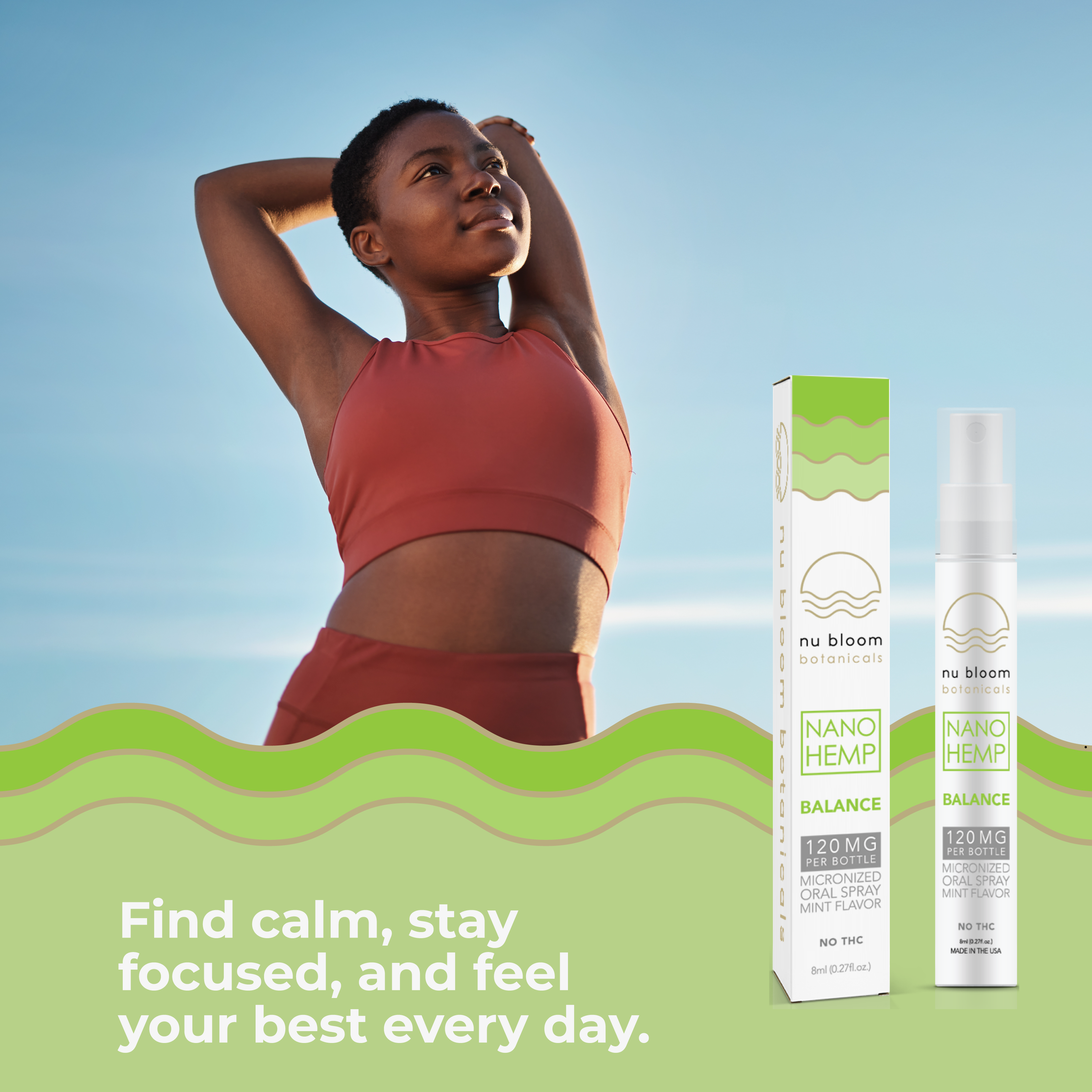 Woman in athletic wear with nu bloom nano hemp products against a blue sky and green landscape.
